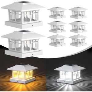 4x4 Solar Post Cap Lights, 8 Pack Fence Deck Post Lights Outdoor Solar Powered Waterproof with Two Light Modes Warm&Cool White for Garden Patio Decor. (Classic White, 8)
