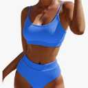 Fanuerg Women's Ribbed High Waisted Bikini Sets Scoop Neck Two Piece Swimsuits Spaghetti Strap Textured Bathing Suit, M