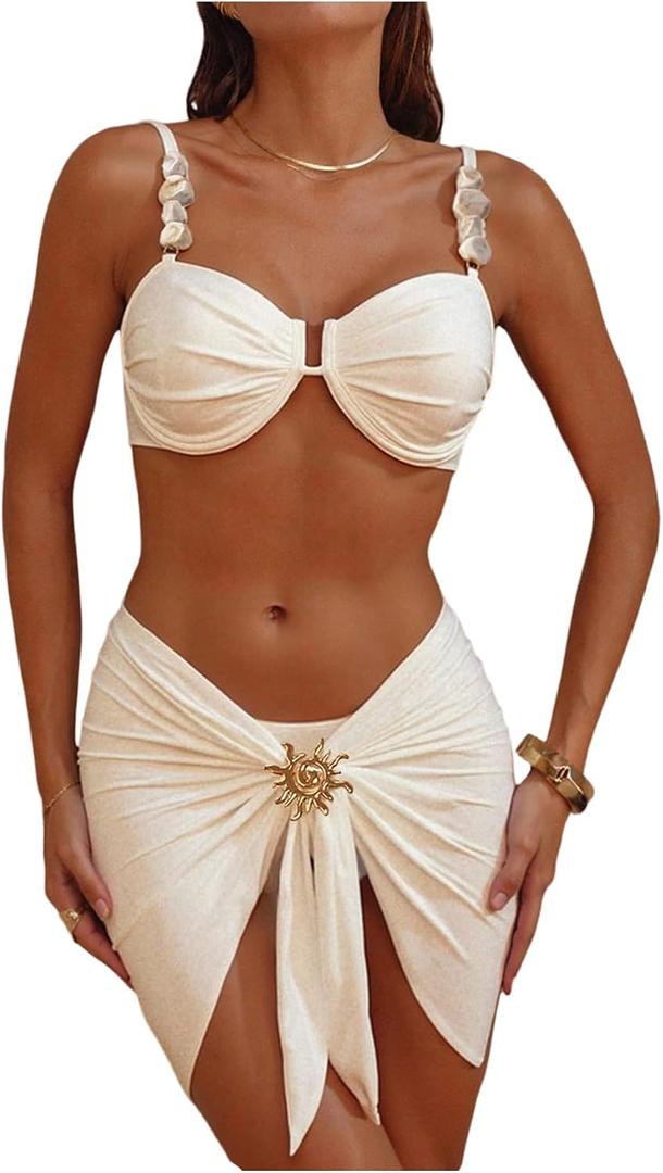 SweatyRocks Women's 3 Piece Swimsuits Sexy High Waisted Triangle Bikini Sets with Cover Up Sarong Skirt Bathing Suits, M