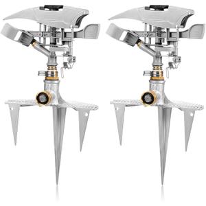2 Pack Large Impact Sprinklers for Yard Heavy Duty Lawn Sprinkler with Metal Head on Spike Base Adjustable Pulsating Water Sprinkler for Large Area Patio Yard Lawn Garden Irrigation