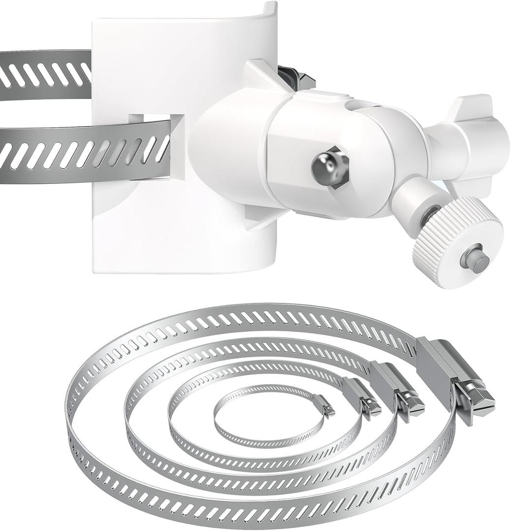 Universal Adjustable Stainless Mount Bracket Outdoor Security Camera 360 Degree hoop Hose Clamp Pipe Poles Mount No-drill holes Compatible with Reolink/Nest/Arlo/Eufy/Wyze and other camera (White)
