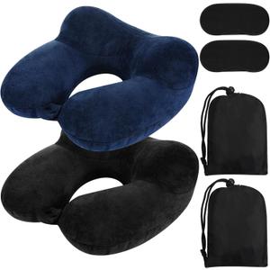 Sintuff 2 Pack Inflatable Travel Pillow for Airplanes Inflatable Neck Flight Pillows with Compact Bag and Blindfold for Traveling, Airplane, Train, Car, Office(Black and Blue)