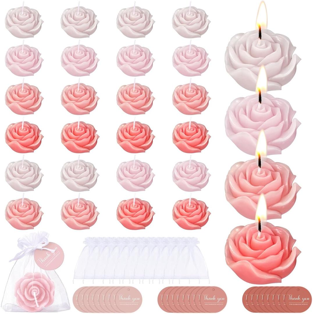 Treela 24 Set Flower Candles Wedding Favor for Guests Mini Pink Champagne Rose Shaped Tealight Candles for Return Gift Wedding Birthday Bridal Shower Housewarming Party