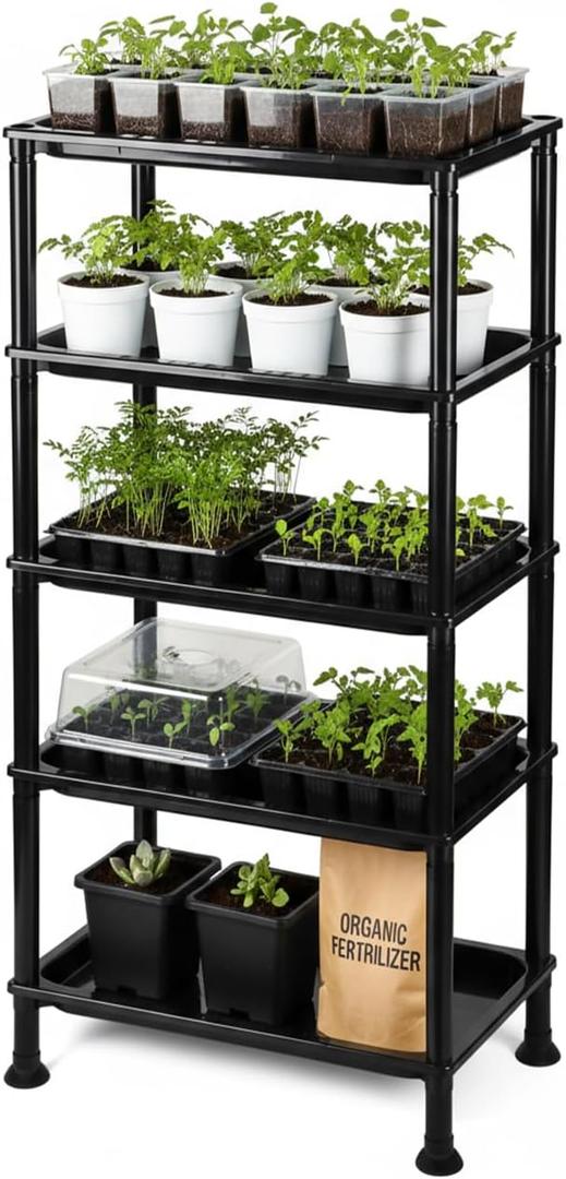 5-Tier Seed Starter Trays, Plant Stand, with Bottom-Watering Design Reinforced Thickened Shelf for Small Pots, Balcony/Indoor Seed Starting & Greenhouse, Black (10"*15"*37", Dark)