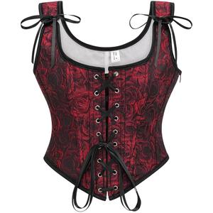 SHYMMUO Renaissance Corset Top for Women Floral Lace Up Overbust Bustier Vest Vintage Waist Cincher Bodice (Small, Red)