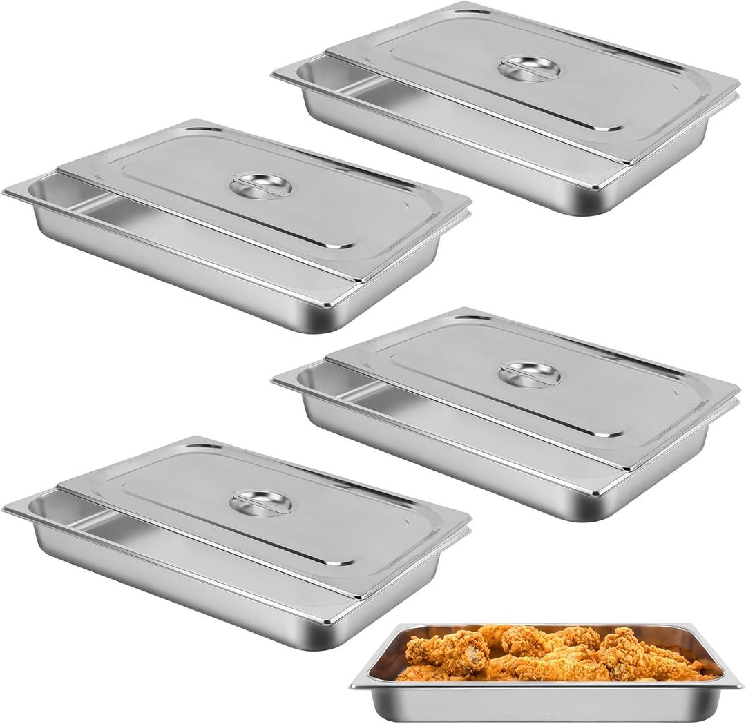 Hotel Pan, Full Size Steam Table Pan 2.5" Deep Stainless Steel With Lid 20.8" L x 13" W Anti-Jam Buffet Commercial (4 Pack)