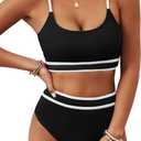 BMJL Women's High Waisted Bikini Ribbed Two Piece Swimsuit High Cut Color Block Adjustable Straps Bathing Suit (Large, Black)