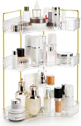 Cididu 3 Tiers Corner Bathroom Counter Organizer, Clear Countertop Shelf Storage Rack, Cosmetic Perfume Tray Standing Holder with Gold Metal Pole, Skincare Sink Organizer for Vanity Kitchen