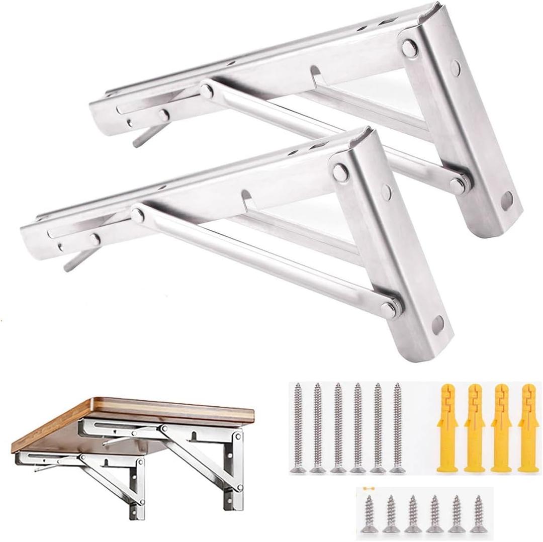 Folding Shelf Brackets, Max Load 330 lb, Heavy Duty Stainless Steel Collapsible Wall Mounted Shelf Brackets for Table, Space Saving DIY Bracket, Pack of 2 (Silver, 2packs 16 Inch)