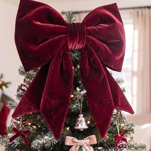 23"x15" Thick Large Velvet Bow for Christmas Tree Topper, Burgundy, 25 × 15 Inch