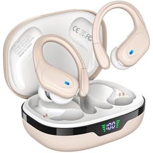 HAOYUYAN Wireless Earbuds, Sports Bluetooth Headphones, 80Hrs Playtime Ear Buds with LED Power Display, Noise Canceling Headset, IPX7 Waterproof Earphones for Workout/Running (Camel)