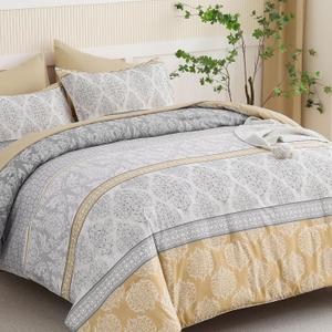 Menghomeus Boho Comforter Set King Size 7 Piece Bed in a Bag Yellow and Grey Bed Comforter Set Bohemian Paisley Striped Design Soft Microfiber Bedding Sets for All Season