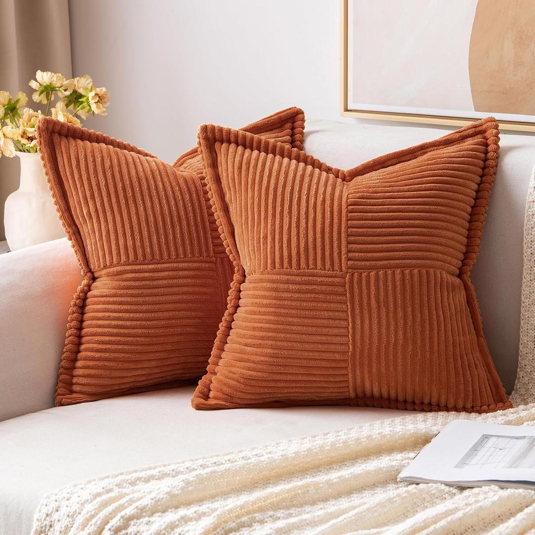 MIULEE Rust Decorative Throw Pillow Covers for Couch Bed Livingroom 18x18 Inch Set of 2 Boho Accent Throw Pllows Broadside Striped Patchwork Soft Corduroy Pillowcases