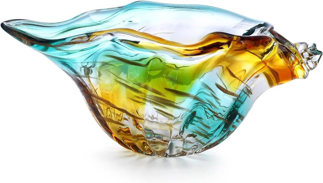 9inch Blown Glass Shell Vase,Handmade Seashell Potpourri Holder Art Glass Conch Seashell Figurine Collectibles Unique Conch Bowl for Home Decor Gift,Colorful (Style-10)