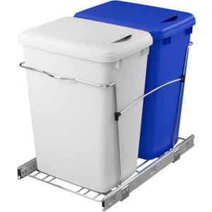 Rev-A-Shelf Double Pullout Trash Can for Kitchen Cabinets 35 Qt Garbage Recycling Bin on Full Extension Slide, Blue/White, RV-18KD-11RC-S