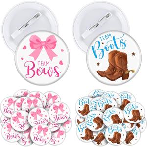 Landical 60 Pcs Boots or Bows Gender Reveal Pins, Funny Baby Shower Team Boots or Bows Gender Reveal Decorations for Party Supplies Blue and Pink Team Button Pins Games Decorations