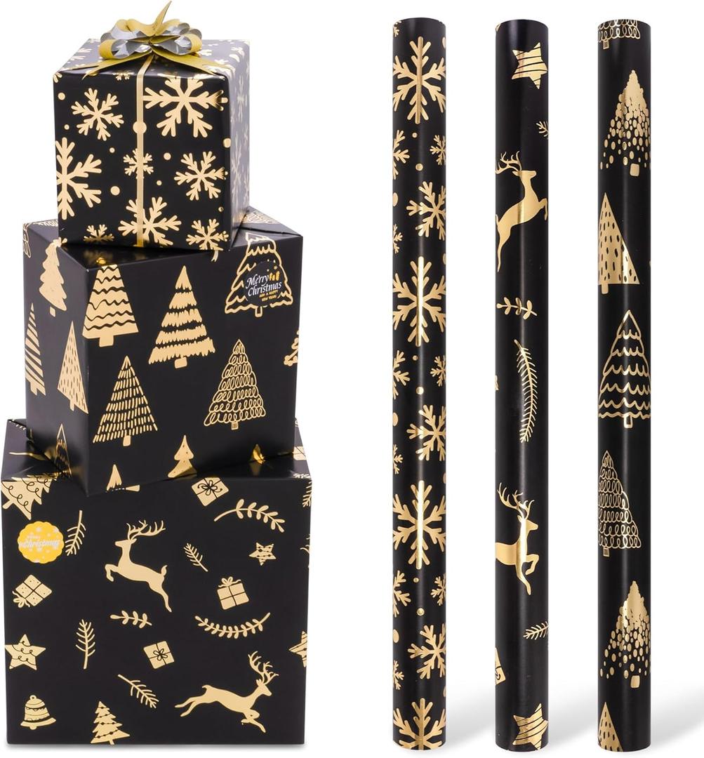 Toptime Christmas Wrapping Paper Roll, 17In x120In Black Gold Gift Wrapping Paper with Gift Bows Stickers, Metallic Foil Wrapping Paper w/Snowflake Christmas Tree Reindeer Design for Holiday New Year