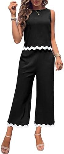 HangNiFang Womens Summer 2 Piece Outfits Sleeveless Cropped Tank Button Back Top Capri Wide Leg Pant Linen Set, XL