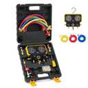 Orion Motor Tech R410a Gauges, AC Manifold Gauge Set for R22 R32 410A 134A Refrigerant, 3 Way AC Gauges R410a Manifold Set with R410a R22 Safety Valves, 3 Hoses, R410a Adapters, Universal Can Tap