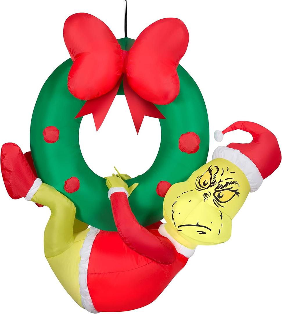 Gemmy Christmas Airblown Inflatable Grinch Hanging from Wreath Dr. Seuss, 4 ft Tall, Green