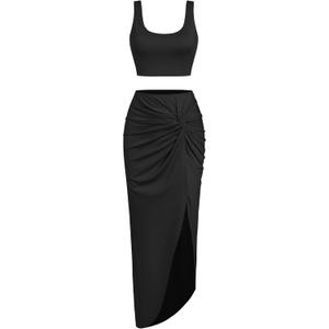 ZAFUL Womens 2 Pieces Skirt with Crop Tank, High-Slit Twist Skirt Set Bodycon Dress for Party Club Nightout Cocktail (Medium)