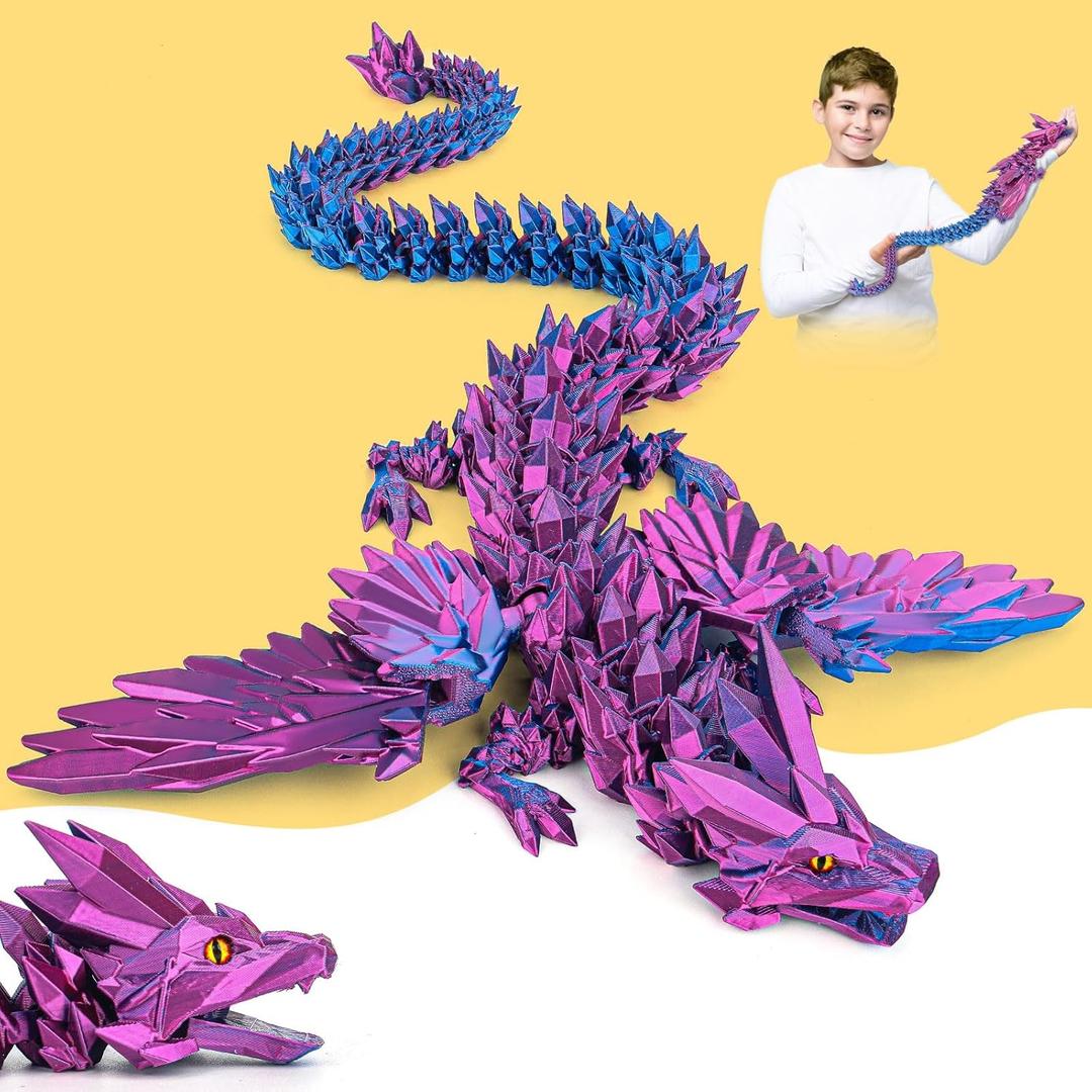 3D Printed Dragon Large with Wings, 24-inch Dragon Fidget Toy with Eyes, Movable Mouth, Big Articulated Crystal Drago n Toy, Home Desk Decor, Birthday Easter Gift for 5/6/7/8/9 Year Old Kids (Blue-purple)