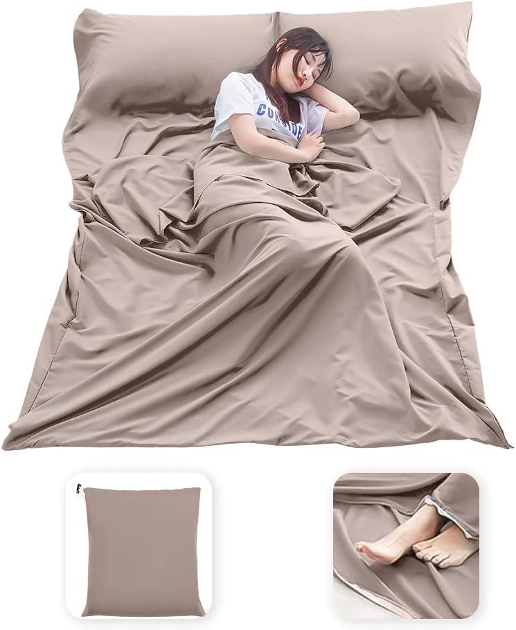 MongByYa Sleeping Bag Liner Lightweight Compact Sleeping Bag Sack Portable Clean Travel Sheet Camping Sleep Sheet for Backpacking Hotel Hiking (Light Khaki, 82.7 X 70.9)