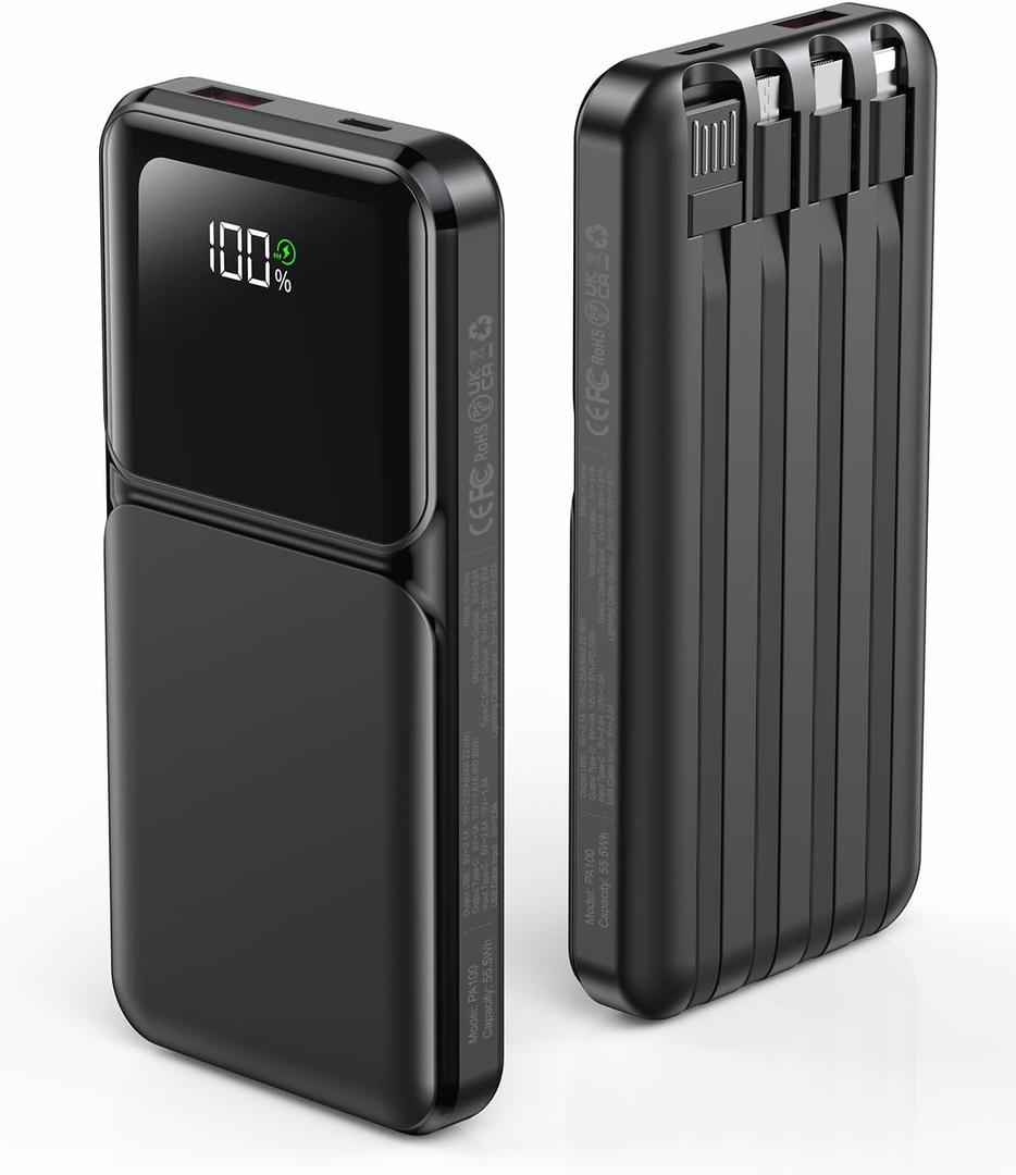 Power Bank Portable Charger with Built in Cable 10000mAh USB C Fast Charging Travel Essential Battery Pack for iPhone iPad Samsung Android etc