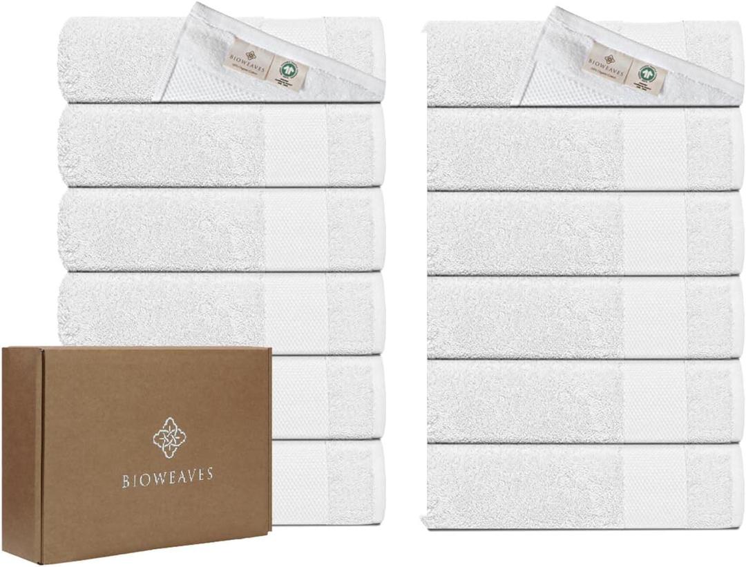 BIOWEAVES 100% Organic Cotton 700 GSM Plush Washcloths 13" x 13" GOTS Certified - White, Pack of 12