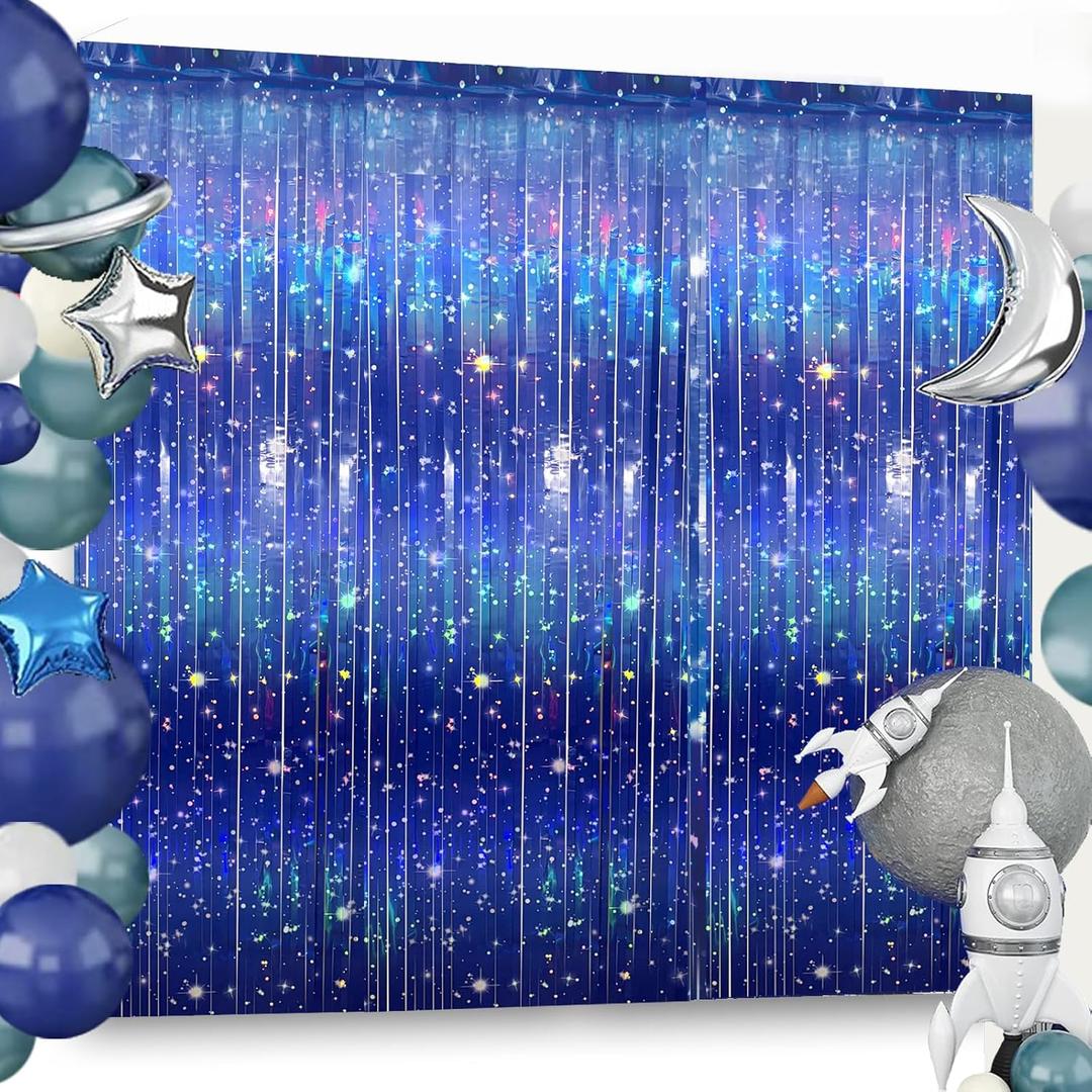 3 PCS Galaxy Foil Curtains Backdrop for Space Themed Party Decorations, 3.3 x 6.6 ft Blue Iridescent Tinsel Curtains, Foil Fringe for Photo Booth, Outer Space Birthday or Alien Party