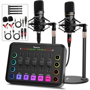 Podcast Equipment Bundle for 2, RGB Audio Interface with XLR Condenser Microphone, and 3.5mm Mic, Mute,48V Phantom Power for Streaming,Gaming,Recording-Black (H1)