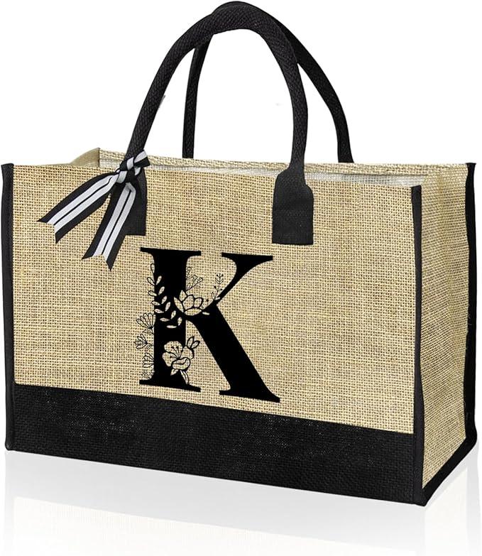 Personalized Canvas Bag with Initials, Beach Bag Gift Bag Suitable for Birthdays, Weddings, Beach, Holidays, Great Birthday Gifts for Women, Moms, Teachers, Nurses