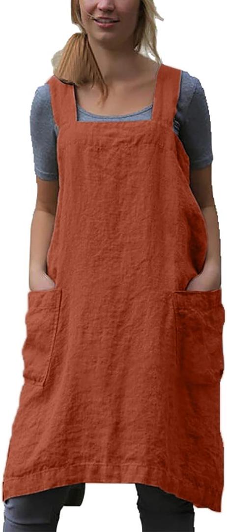 YESDOOD Cotton Linen Apron Cross Back Apron for Women with Pockets Pinafore Dress for Baking Cooking (3X-Large, Orange)