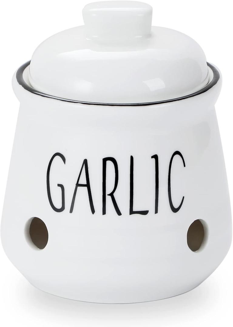 HAOTOP Garlic Keeper with Lid, Ceramic Mini Garlic Container Saver for Countertop, Keep Your Garlic Cloves Fresh (White)