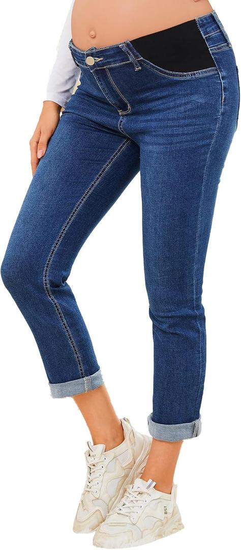 JIMYICLR Maternity Jeans for Women Comfy Stretch Slim Pregnancy Jeans Mid-Rise Under Belly Denim Pregnancy Pants with Pockets (3X-Large, Dark Blue)