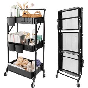 3 Tier Foldable Rolling Cart with Wheels, Folding Utility Cart Organizer, Collapsible Rolling Storage Cart with 3 Hanging Cups & 6 Hooks for Kitchen, Office, Nursery(Black)