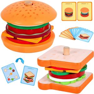 Wooden Burger Sandwich Stacking Toys for Kids, Montessori Toys for Toddlers & Preschoolers, Develops Fine Motor Skills