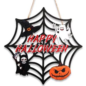 Halloween Party decorations - Welcome Sign for Front Door,Rustic Round Wood Wreaths for Outdoor Outside,Spider Web Garland Porch Ghost Decor for Party Favors Supplies | Halloween Decor for Wall Indoor (Black)