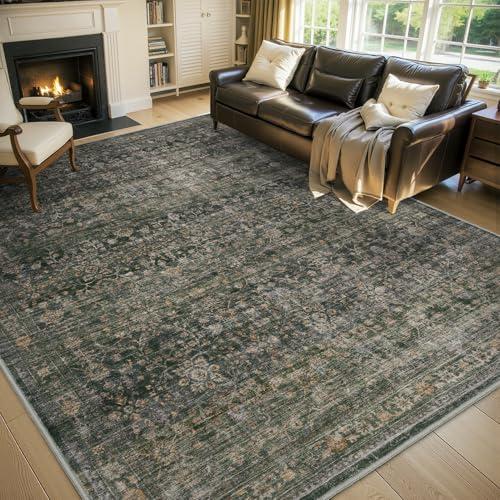MontVoo-Vintage Area Rug 5X7 Green Rugs for Living Room-Soft Distressed Printed Rugs for Bedroom-Non Slip Carpet-Machine Washable Rug for Dining Room Living Room Bedside Office,  Olivegreen