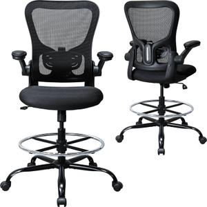 Drafting Chair, Ergonomic Tall Office Chair for Standing Desk, Counter Height Desk Chair with Adjustable Padded Armrests and Footrest Ring Standing Desk Chair Adjustable Height with Lumbar Support