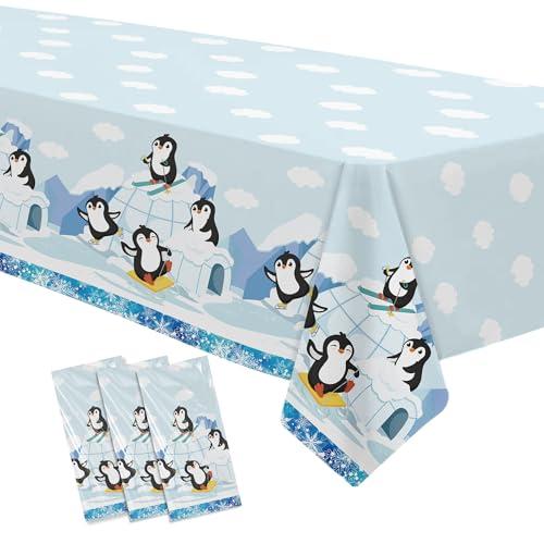 APOWBLS Penguin Birthday Decorations Tablecloth, 3 Pack Disposable Winter Penguin Party Supplies Table Cover for Birthday Baby Shower, 55in x 86in