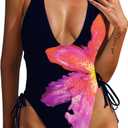 ZAFUL Women Plunging One Piece Swimsuit Backless Cross Tie High Cut Thong One-Piece Bathing Suit (Small, 0-black Floral2)