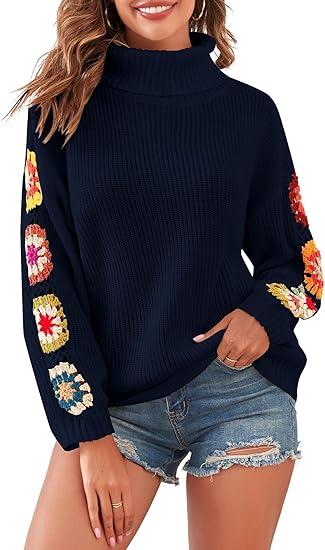 Zaful Womens Classic Boho Floral Crochet Long Sleeve Sweaters Casual Pullover Knitwear for Fall Winter 36