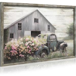 Rustic Framed Farmhouse Wall Art: Wooden Flower Truck Painting Country Barn Prints for Bedroom (24"L x 16"W, gray)
