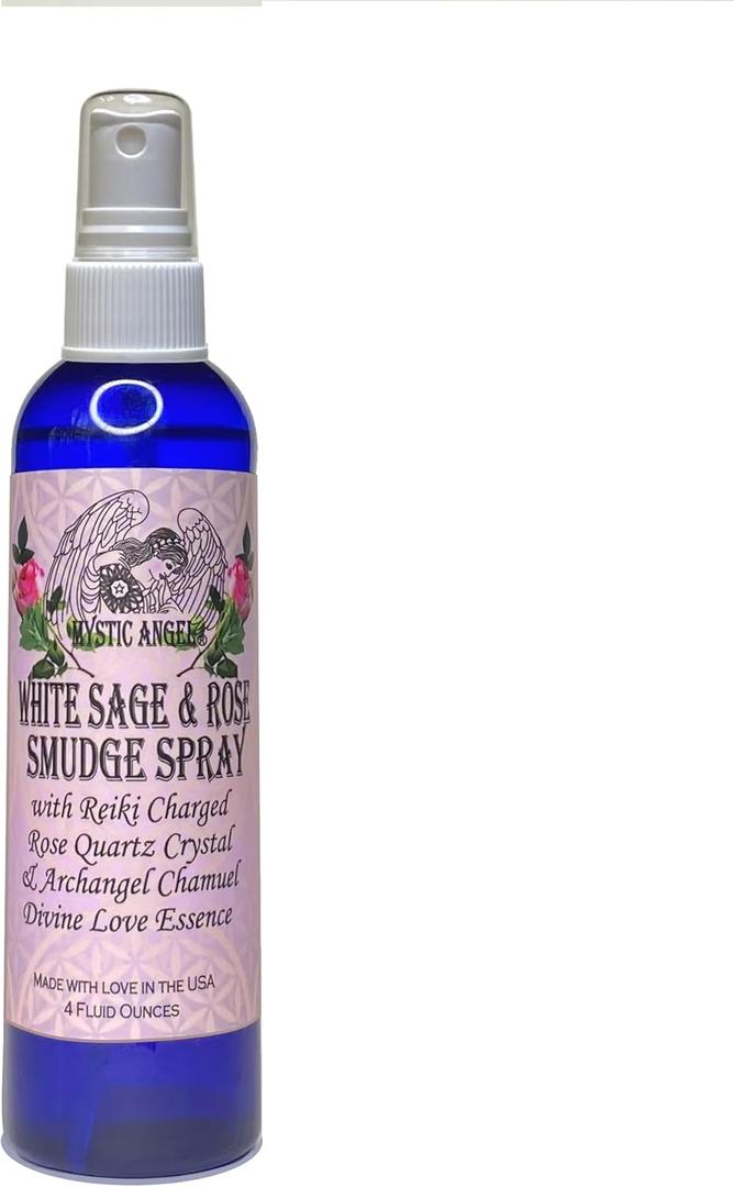 Mystic Angel White Sage & Rose Smudge Spray (4 oz.) with Reiki Charged Rose Quartz Crystal