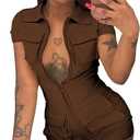 Women Sexy Zip up Jumpsuits Lapel Neck Short Sleeve Bodycon Shorts Romper with Pockets (XX-Large, Brown)