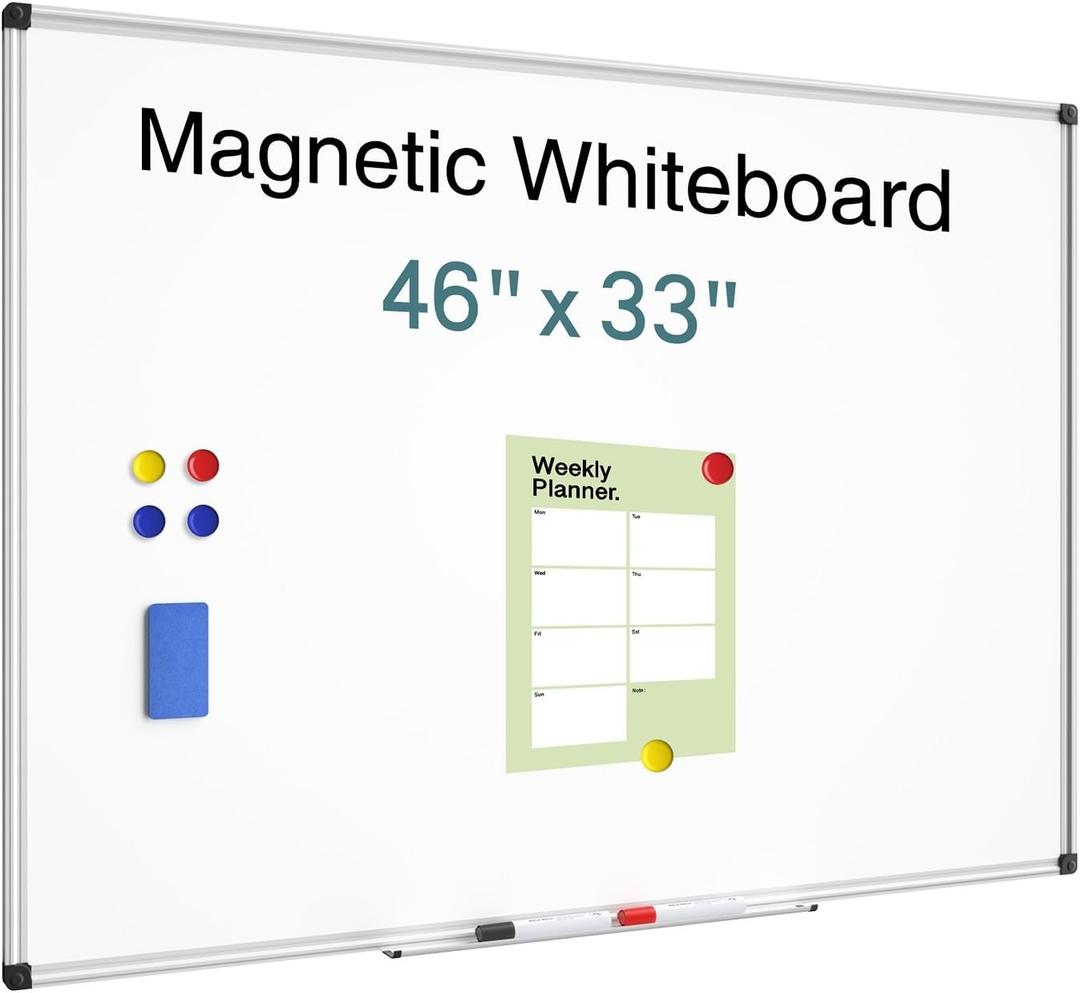 Magnetic Dry Erase Whiteboard - 46 x 33 Inch White Board - 4 x 3 Large Wall-Mounted Board with Silver Aluminum Frame, 1 Magnetic Eraser, 2 Pens, Detachable Marker Tray, 6 Magnets