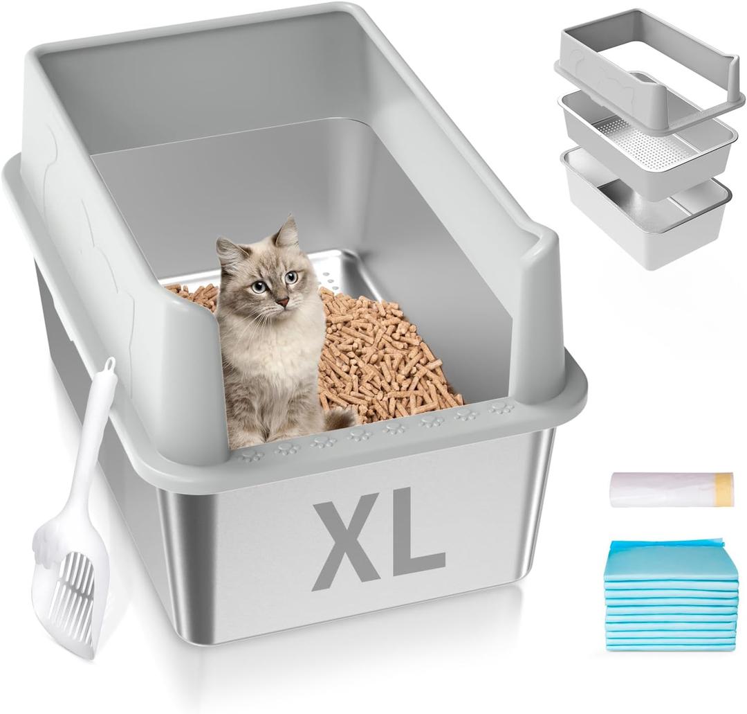 Stainless Steel Cat Litter Box with Lid, XL High Sided Metal Sifting Litter Box for Pine Pellets, Enclosed Sifting Box for Big Cats, Anti-Leakage, Easy Clean, Include Scoop, Liner, Pee Pad and Hook (XL:23.6"x15.7"x13")