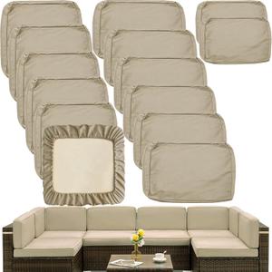 Sqodok Outdoor Cushion Covers 14Pcs Patio Cushion Slipcovers, Replacement Waterproof for 6-Seaters Sofa, Outdoor Furniture Cushion Slipcovers Set Seat and Back, Covers Only, Tan (25"Lx25"Wx4"H)
