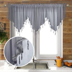 3 Piece Beaded Triangle Sheer Valance Curtains for Windows Kitchen Living Room Bathroom Bedroom Voile Sheer Rod Pocket Short Window Valance Curtains (Grey,51"x24")